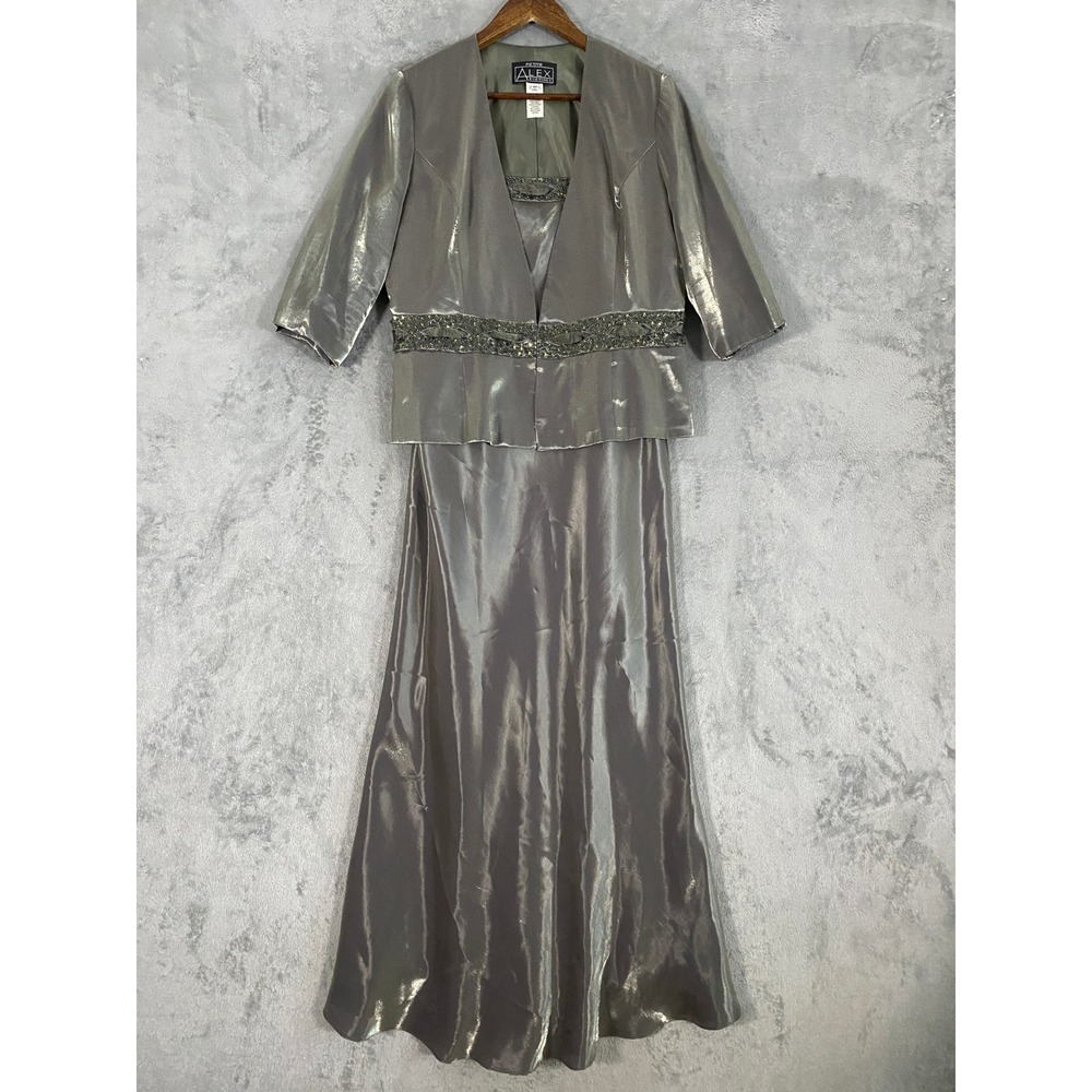 Alex Evenings Dress Set Sz 12P Pewter Grey Metallic Shimmer Beaded Wedding Gala